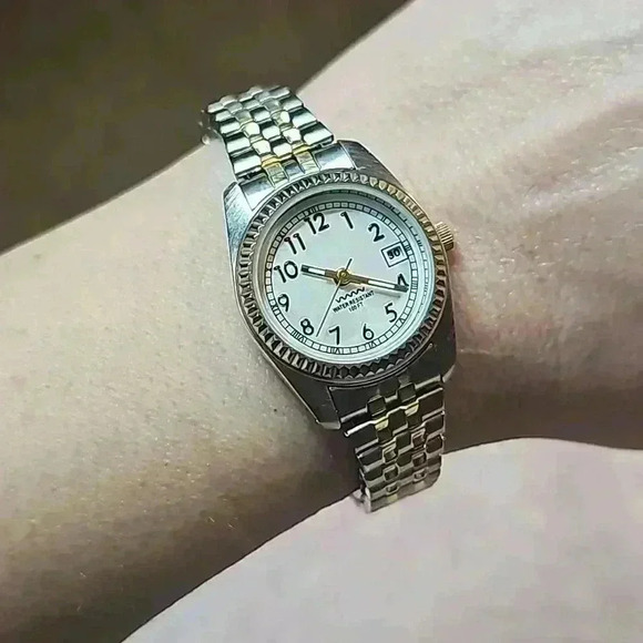 M.Z. Berger Silver and Gold Tone Stretch Metal Bracelet Watch with Date Window - Picture 1 of 4